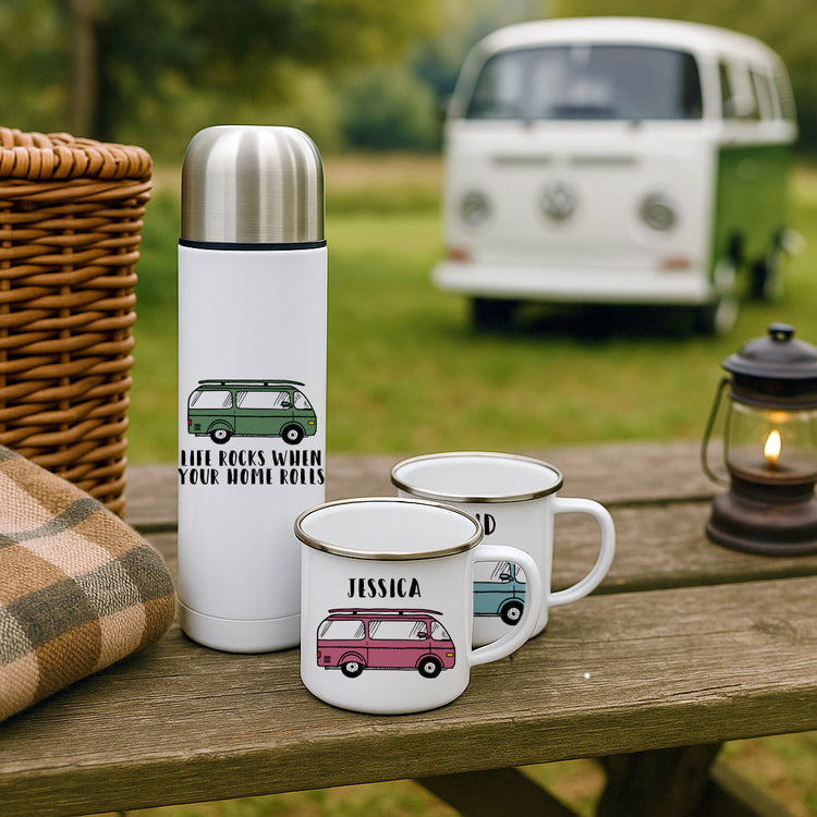 Personalised Campervan Enamel Mug Set - Motorhome Mug Flask Set, Travel & Adventure