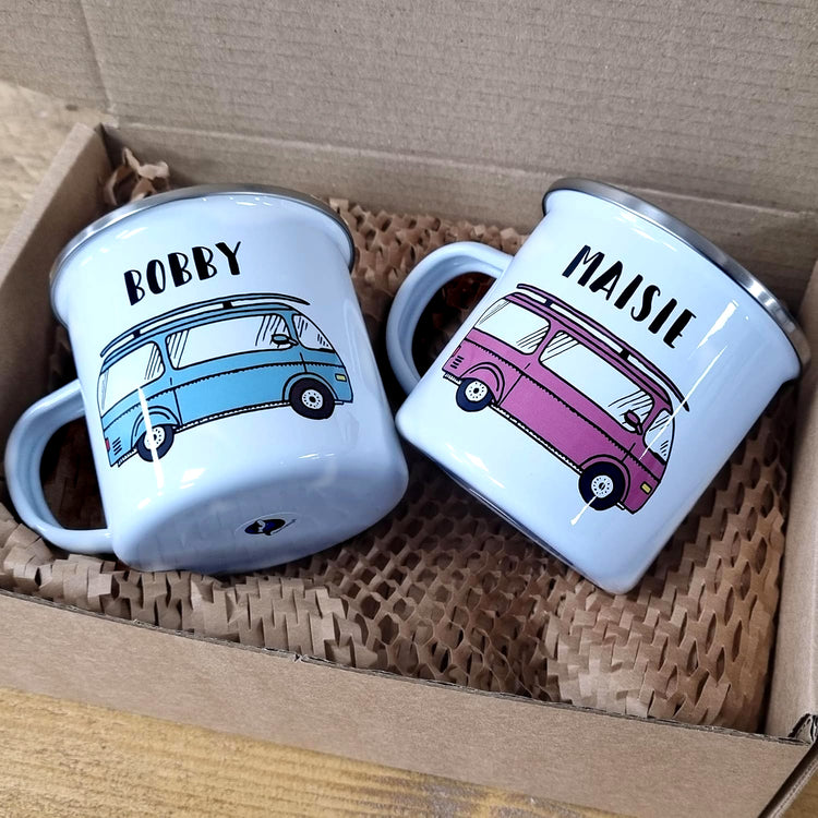 Personalised Campervan Enamel Mug Set - Motorhome Mug Flask Set, Travel & Adventure