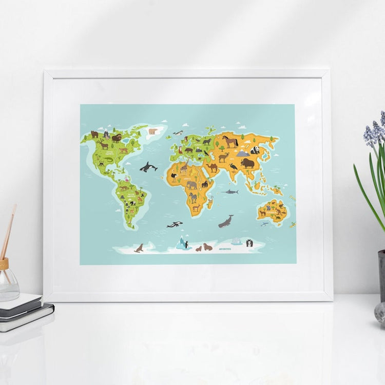 Framed Animal World Map – Educational Kids Nursery Wall Art