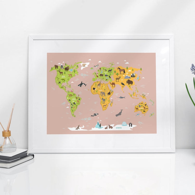 Framed Animal World Map – Educational Kids Nursery Wall Art