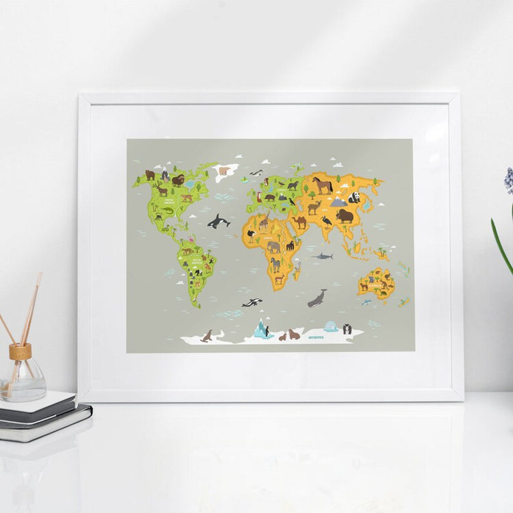 Framed Animal World Map – Educational Kids Nursery Wall Art
