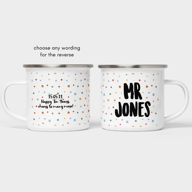 Mr & Mrs Enamel Mug Set - Polka Dot, Wedding Mugs, 10 Year Anniversary Gift