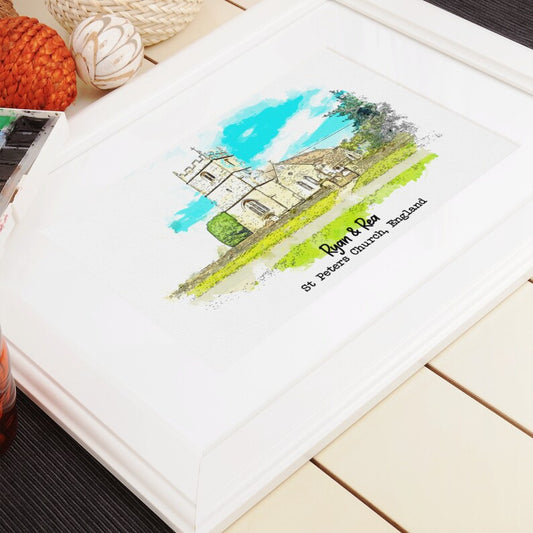 Watercolour Wedding Venue Print – Personalised Couple Gift
