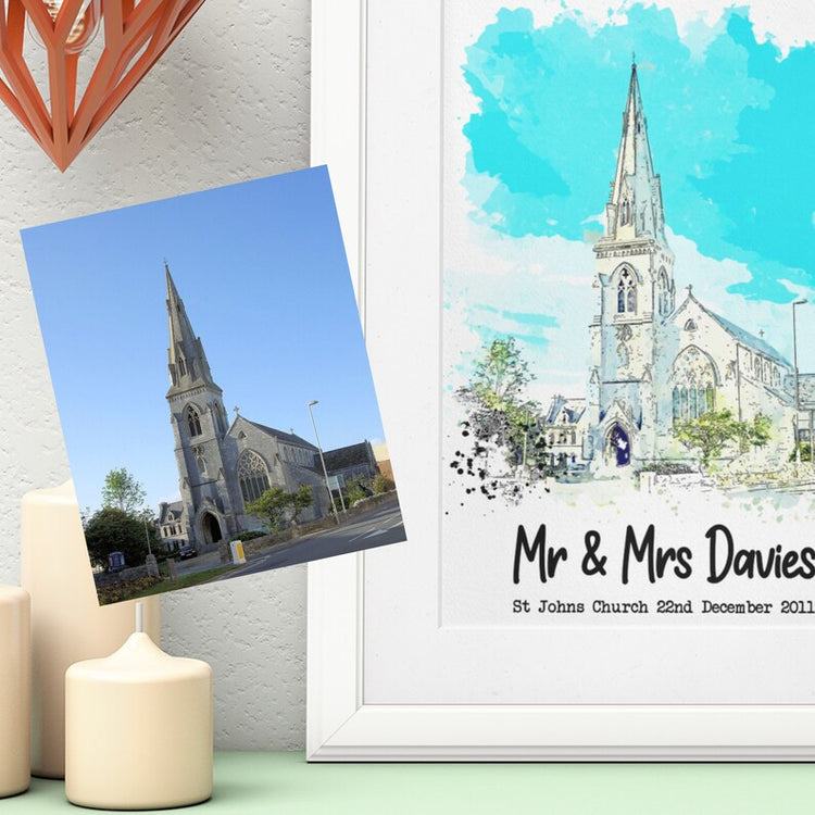Watercolour Wedding Venue Print – Personalised Couple Gift