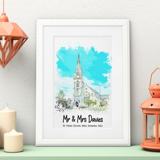 Watercolour Wedding Venue Print – Personalised Couple Gift