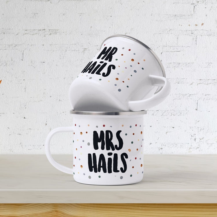 Mr & Mrs Enamel Mug Set - Polka Dot, Wedding Mugs, 10 Year Anniversary Gift