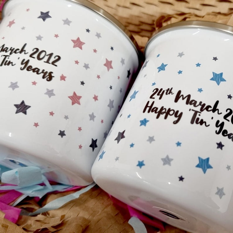 Mr & Mrs Mug Set – 10th Anniversary Personalised Tin Years Gift