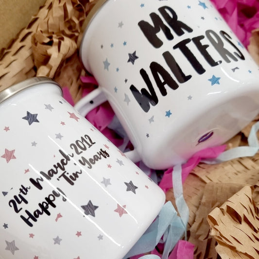 Mr & Mrs Mug Set – 10th Anniversary Personalised Tin Years Gift