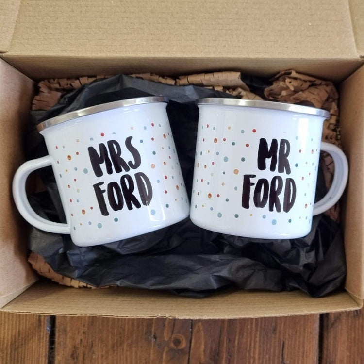 Mr & Mrs Enamel Mug Set - Polka Dot, Wedding Mugs, 10 Year Anniversary Gift