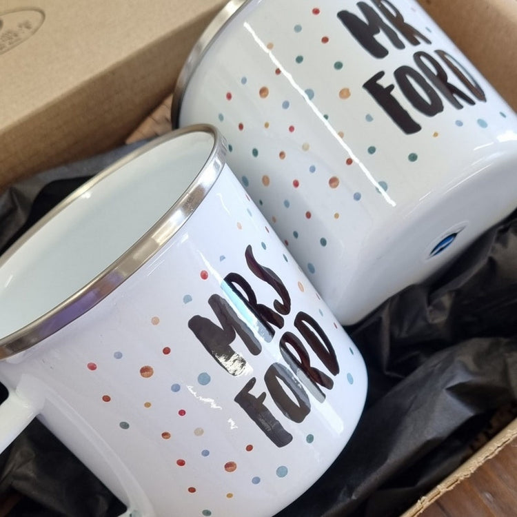 Mr & Mrs Enamel Mug Set - Polka Dot, Wedding Mugs, 10 Year Anniversary Gift