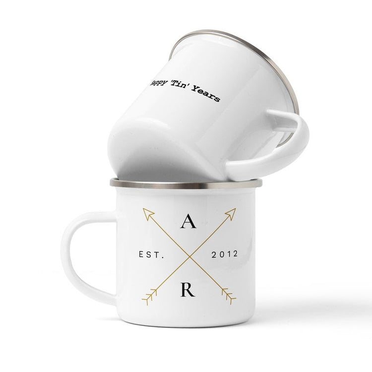 Personalised Campfire Enamel Mug – Rustic Wedding & Travel Gift