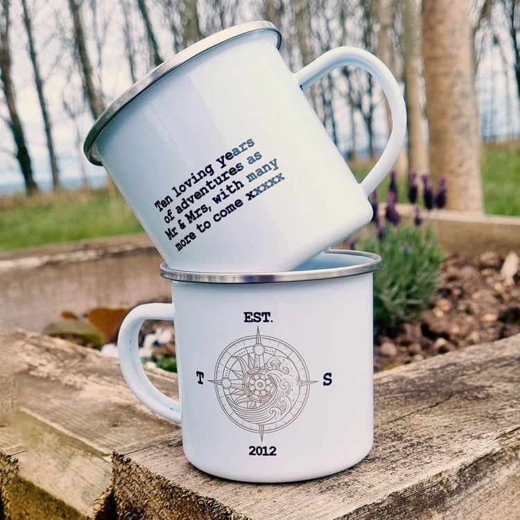 Personalised Adventure Enamel Mug – Wedding & Tin Anniversary Gift