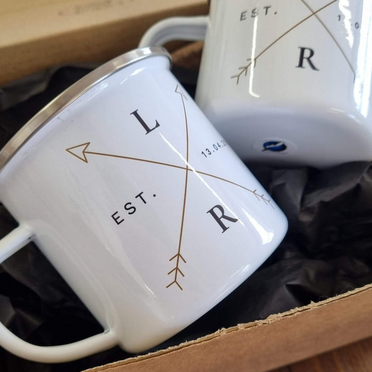 Personalised Campfire Enamel Mug – Rustic Wedding & Travel Gift