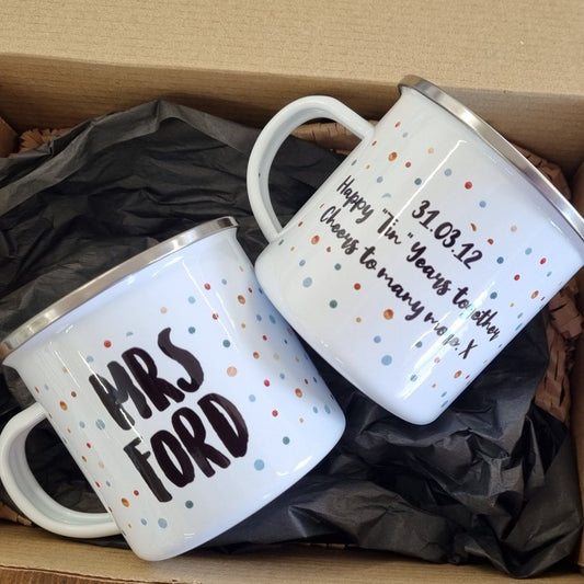 Mr & Mrs Enamel Mug Set - Polka Dot, Wedding Mugs, 10 Year Anniversary Gift