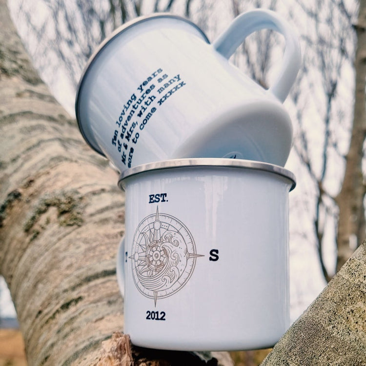Personalised Adventure Enamel Mug – Wedding & Tin Anniversary Gift