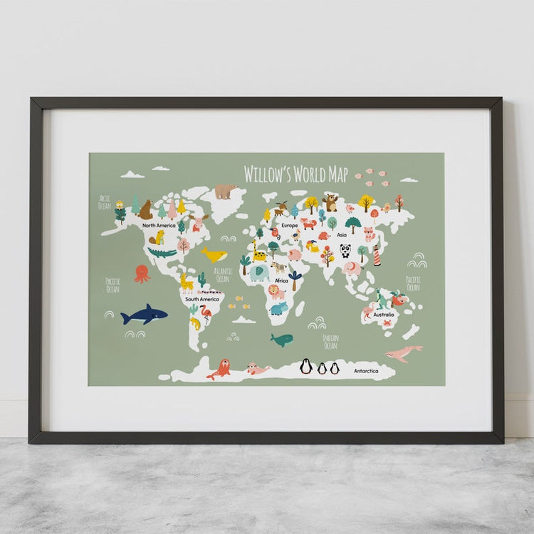 Personalised World Map Print – Kids Bedroom & Safari Wall Art