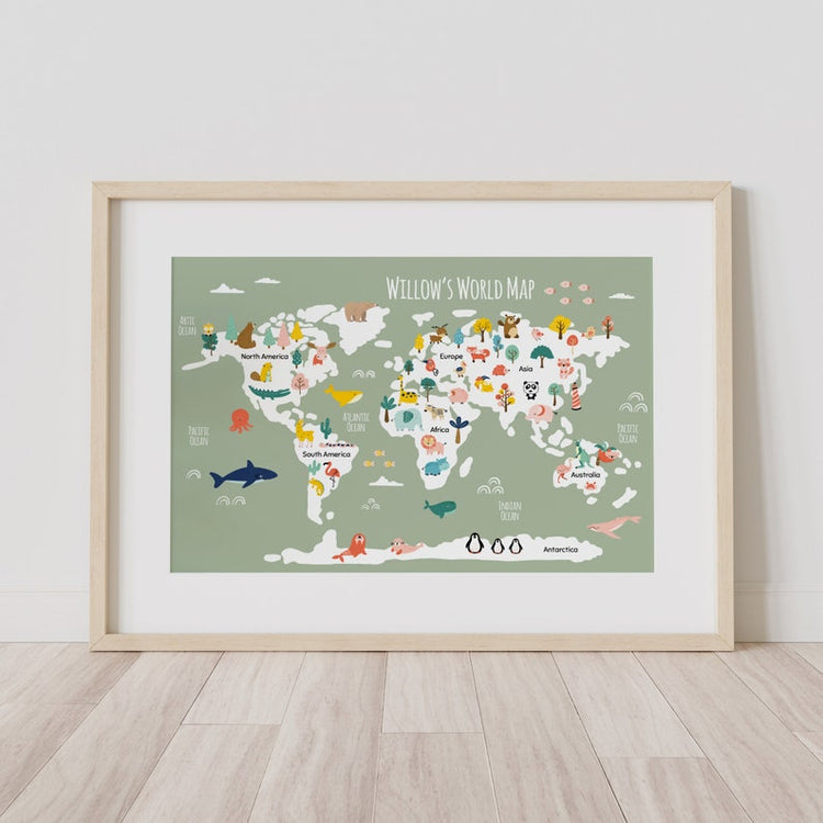 Personalised World Map Print – Kids Bedroom & Safari Wall Art