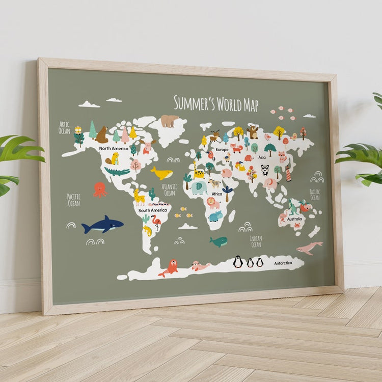 Personalised World Map Print – Kids Bedroom & Safari Wall Art