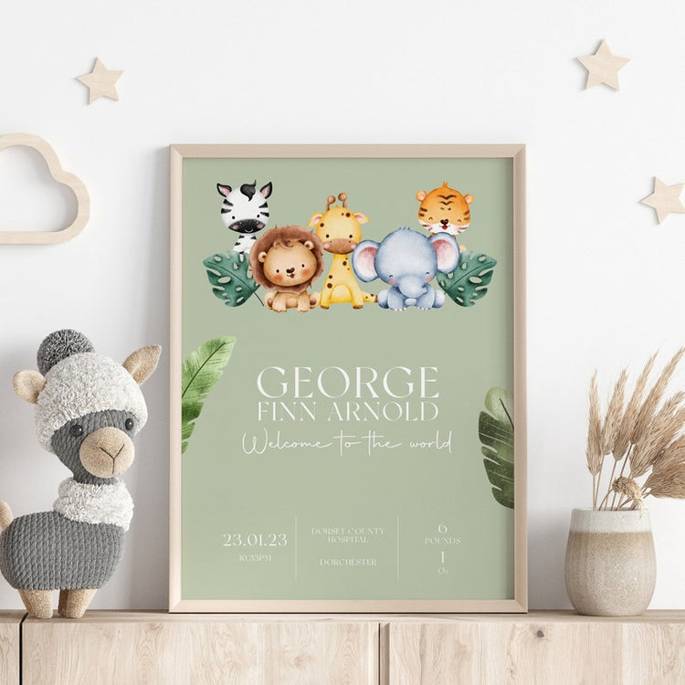 Personalised New Baby Print – Cute Animal Name & Safari Nursery Gift