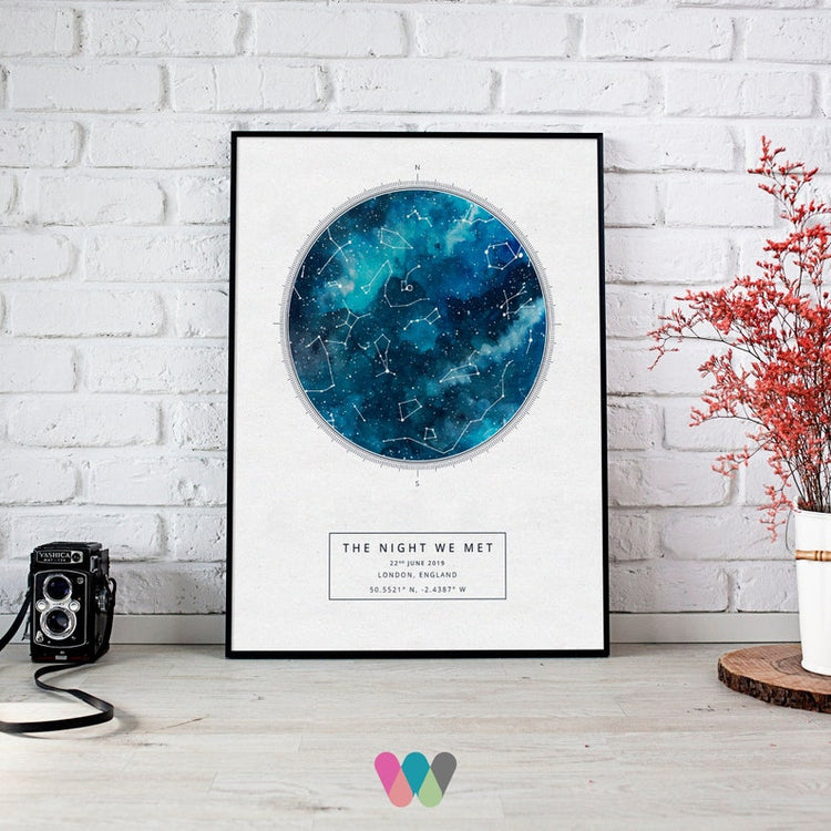Personalised Watercolour Star Map Print – Wedding Night Constellation Gift