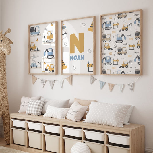 Diggers & Trucks Personalised Poster – Boys Bedroom Wall Art