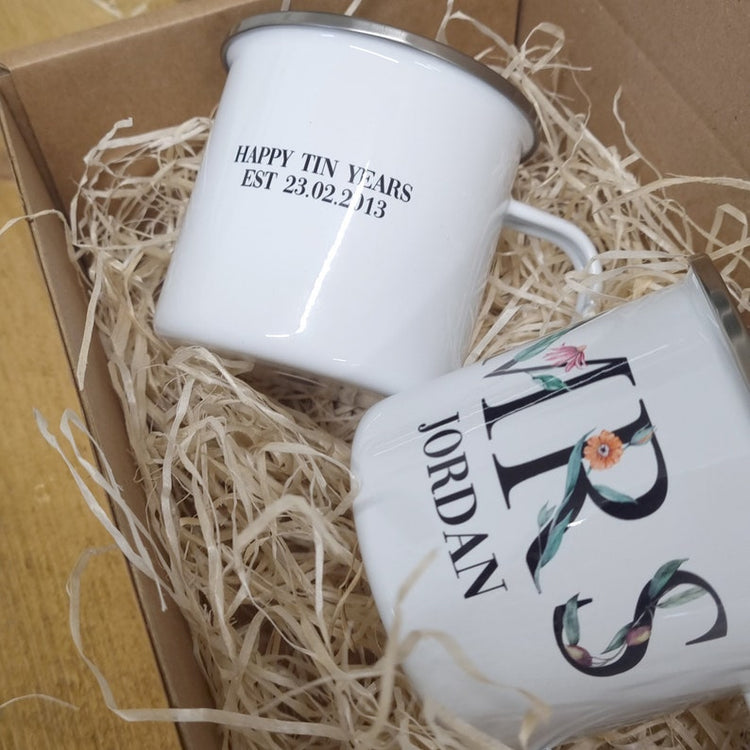 10 Year Anniversary Mug Set – Personalised Tin Anniversary Gift for Couple