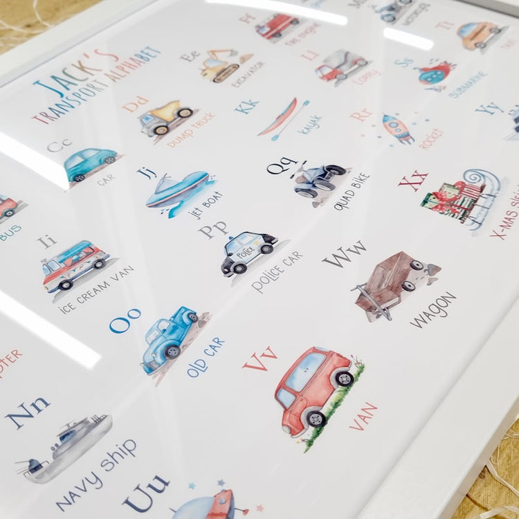 Kids Vehicle Alphabet Print – Personalised Nursery Wall Art