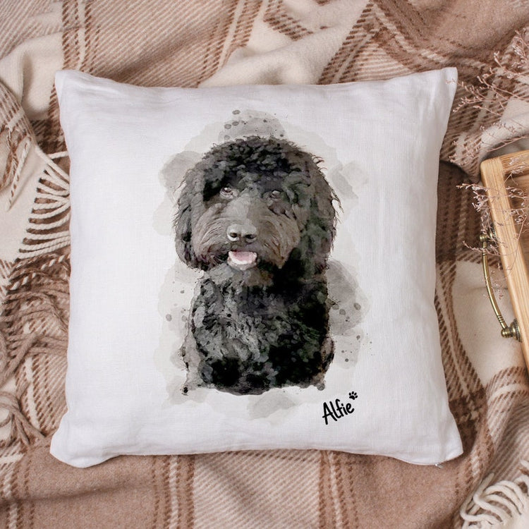 Custom Pet Pillow – Personalised Watercolour Dog Portrait from Photo