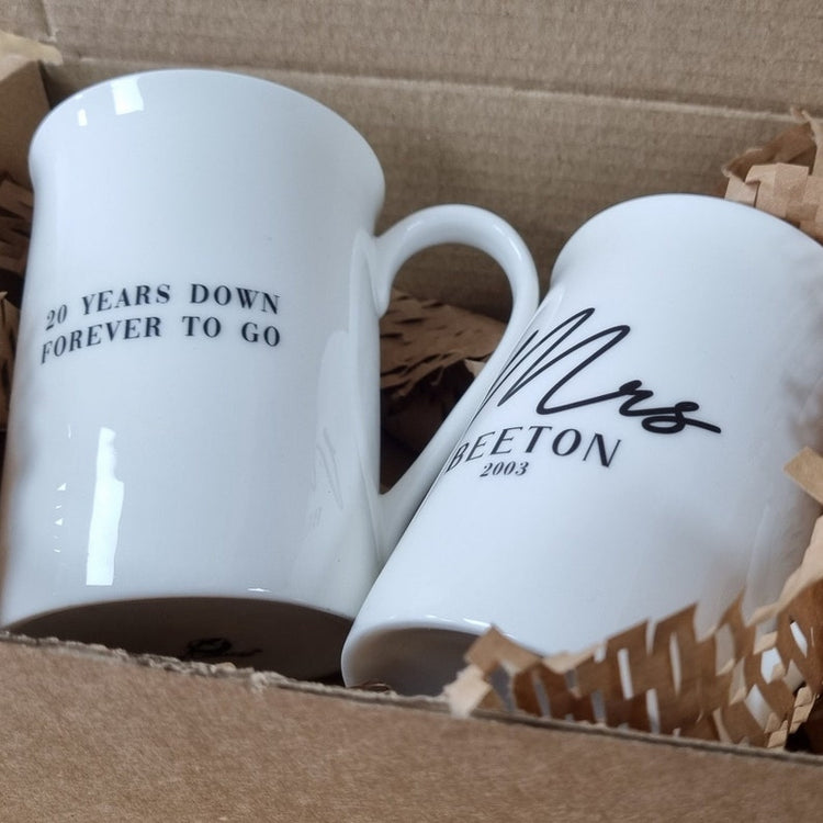 Mr and Mrs Mugs, 20th Anniversary, China Anniversary, Wedding Anniversary Keepsake, Personalised 20th Anniversary, Bone China Mug Set