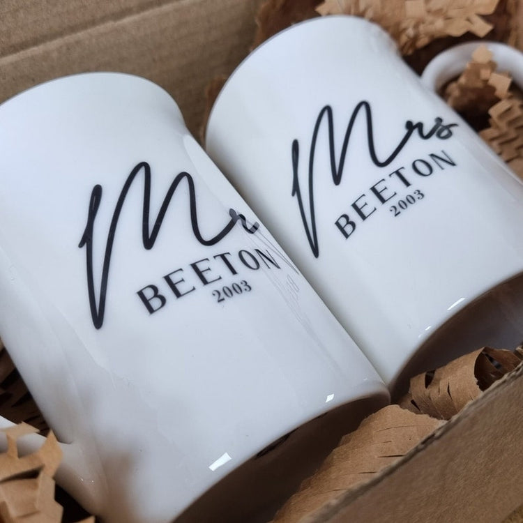 Mr and Mrs Mugs, 20th Anniversary, China Anniversary, Wedding Anniversary Keepsake, Personalised 20th Anniversary, Bone China Mug Set