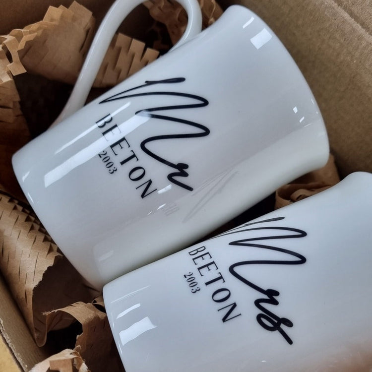 Mr and Mrs Mugs, 20th Anniversary, China Anniversary, Wedding Anniversary Keepsake, Personalised 20th Anniversary, Bone China Mug Set