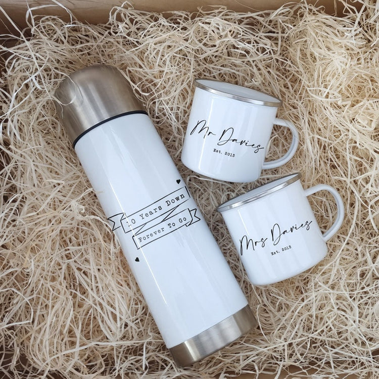 10 Year Anniversary Flask & Cup Set – Personalised Tin Years Gift