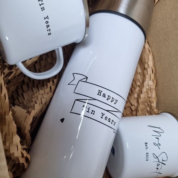 10 Year Anniversary Flask & Cup Set – Personalised Tin Years Gift