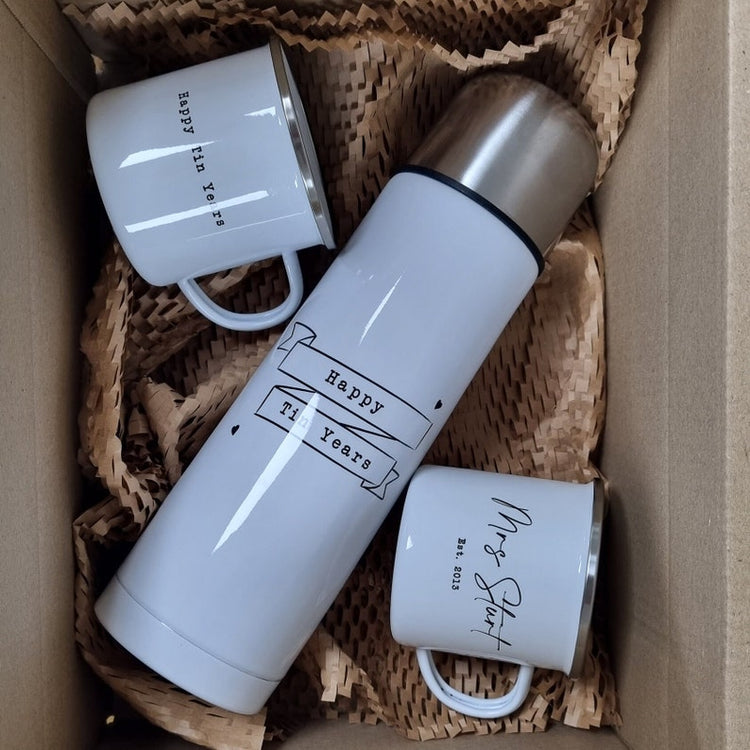 10 Year Anniversary Flask & Cup Set – Personalised Tin Years Gift
