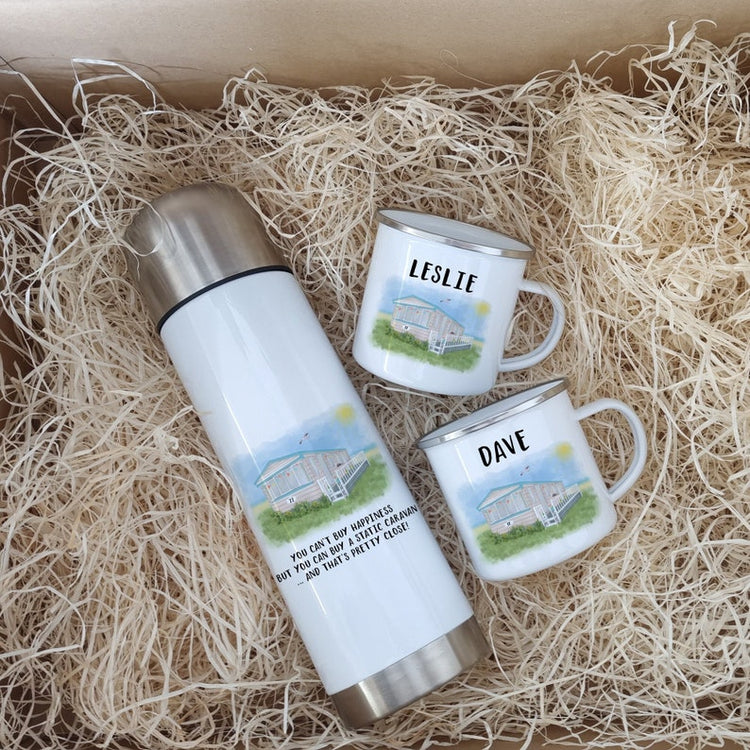 Personalised Caravan Mug & Flask Set – Camping & Motorhome Gift