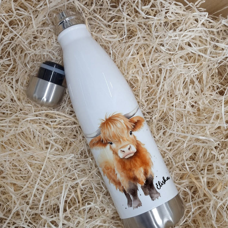 Personalised Highland Cow Water Bottle – Scottish Cow Gift with Name