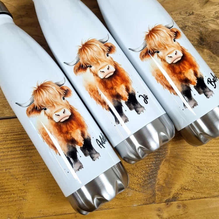 Personalised Highland Cow Water Bottle – Scottish Cow Gift with Name