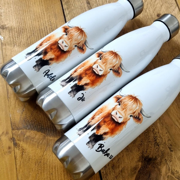 Personalised Highland Cow Water Bottle – Scottish Cow Gift with Name
