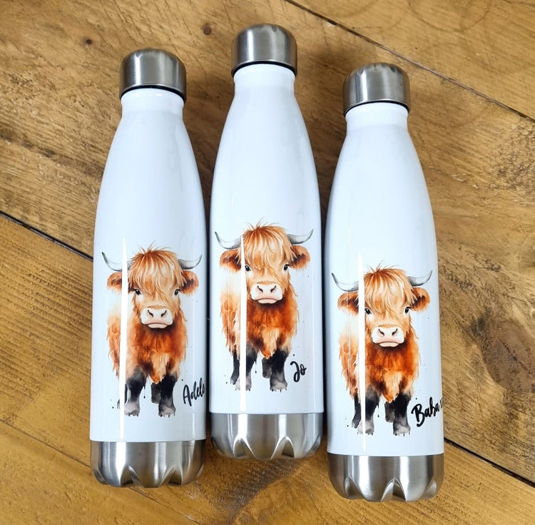 Personalised Highland Cow Water Bottle – Scottish Cow Gift with Name