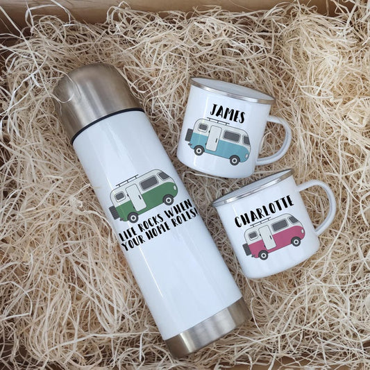 Personalised Campervan Enamel Mug & Flask Set – Van Life Gift