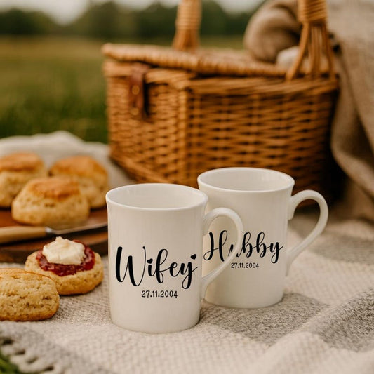 Wedding Gift, Mr Mrs Mugs, Hubby Wifey Custom Couple Coffee Mug Set, Engagement, Bride and Groom, Bone China Mug Set, Gift for the couple