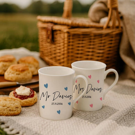 Mr & Mrs Wedding Mug, Personalised Love Heart, Couple Coffee Tea Mug Gifts, Bone China, Gift for the couple, 20 year anniversary mugs, Cups
