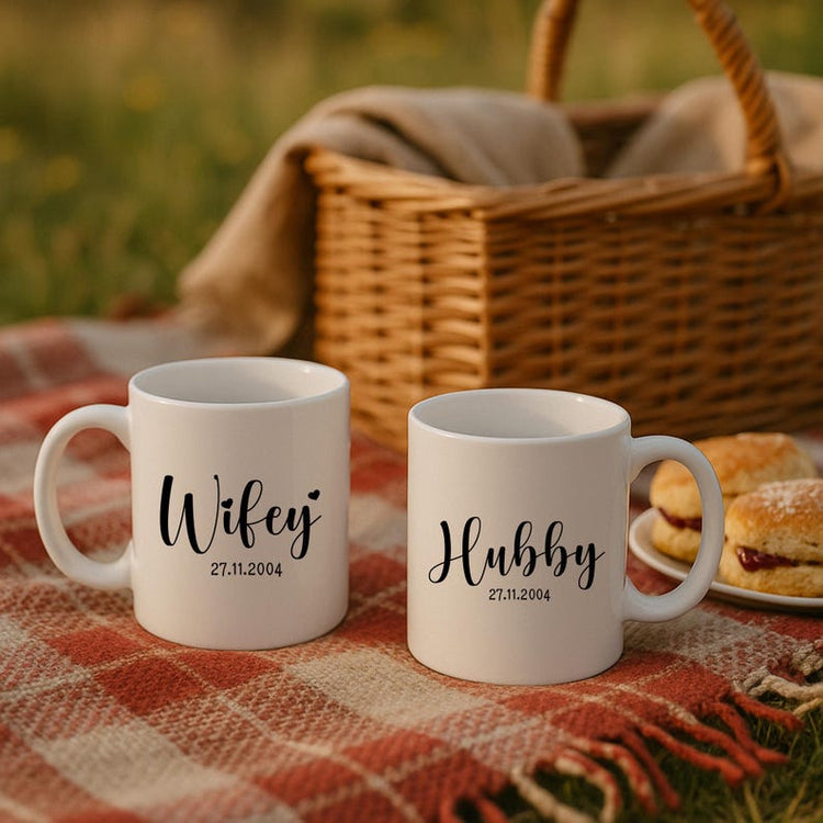 Wedding Gift, Mr Mrs Mugs, Hubby Wifey Custom Couple Coffee Mug Set, Engagement, Bride and Groom, Bone China Mug Set, Gift for the couple