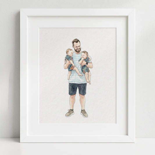 Custom Hand-Drawn Family Portrait, Watercolor Style, Father's Day Gift