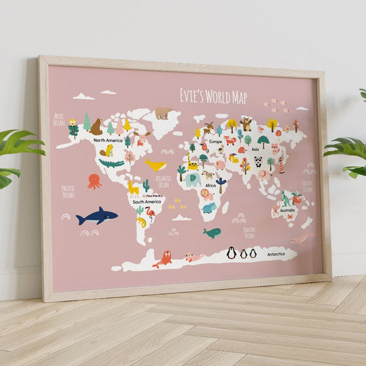Personalised World Map Print – Kids Bedroom & Safari Wall Art