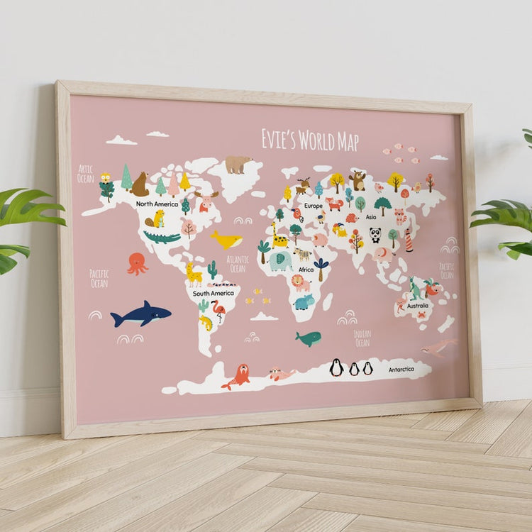 Personalised World Map Print – Kids Bedroom & Safari Wall Art