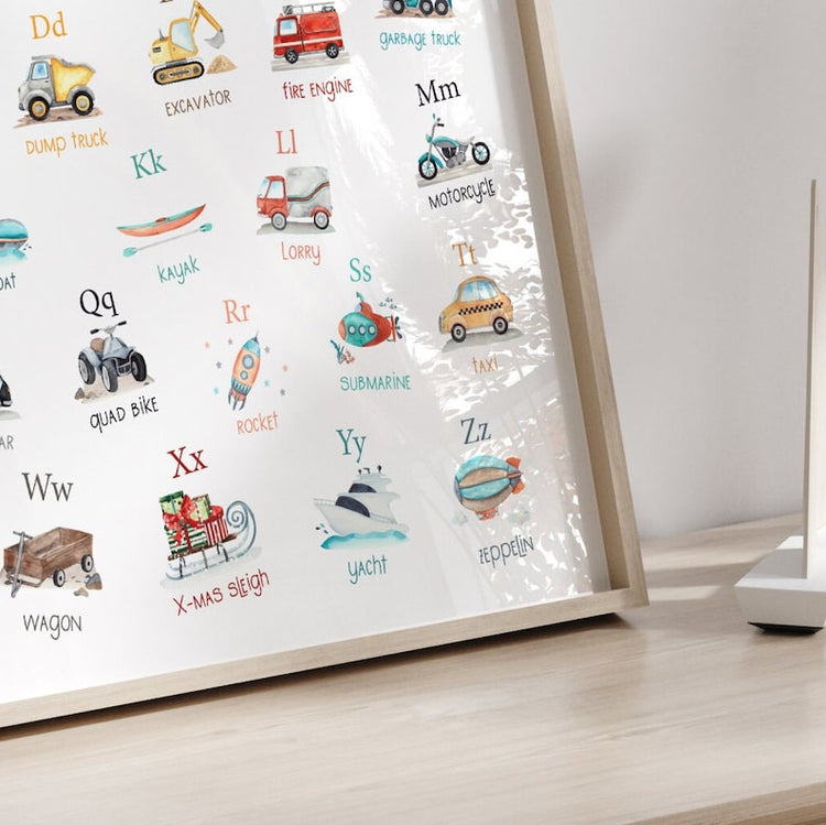Kids Vehicle Alphabet Print – Personalised Nursery Wall Art