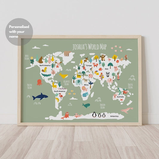 Personalised World Map Print – Kids Bedroom & Safari Wall Art