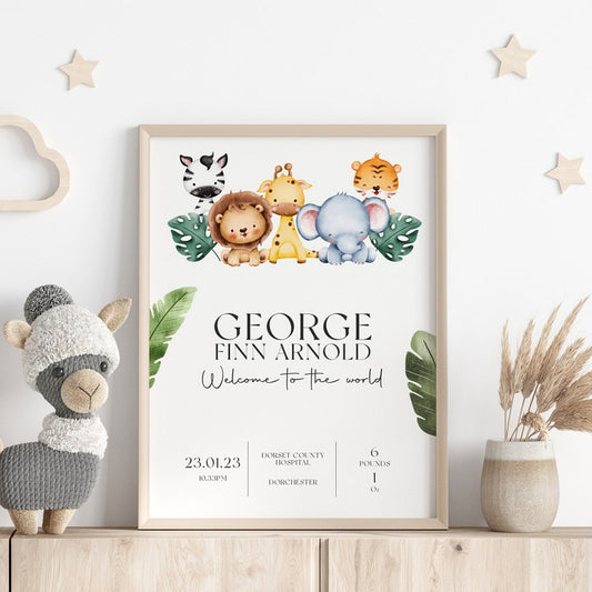 Personalised New Baby Print – Cute Animal Name & Safari Nursery Gift