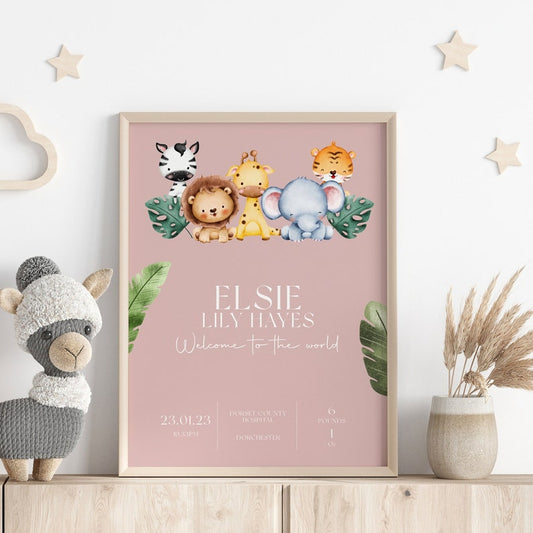 Personalised New Baby Print – Cute Animal Name & Safari Nursery Gift